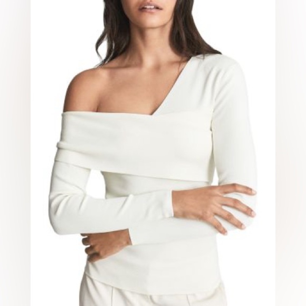 Reiss White Eliah Asymmetrical Longsleeve Neckline Top Blouse, Size Large